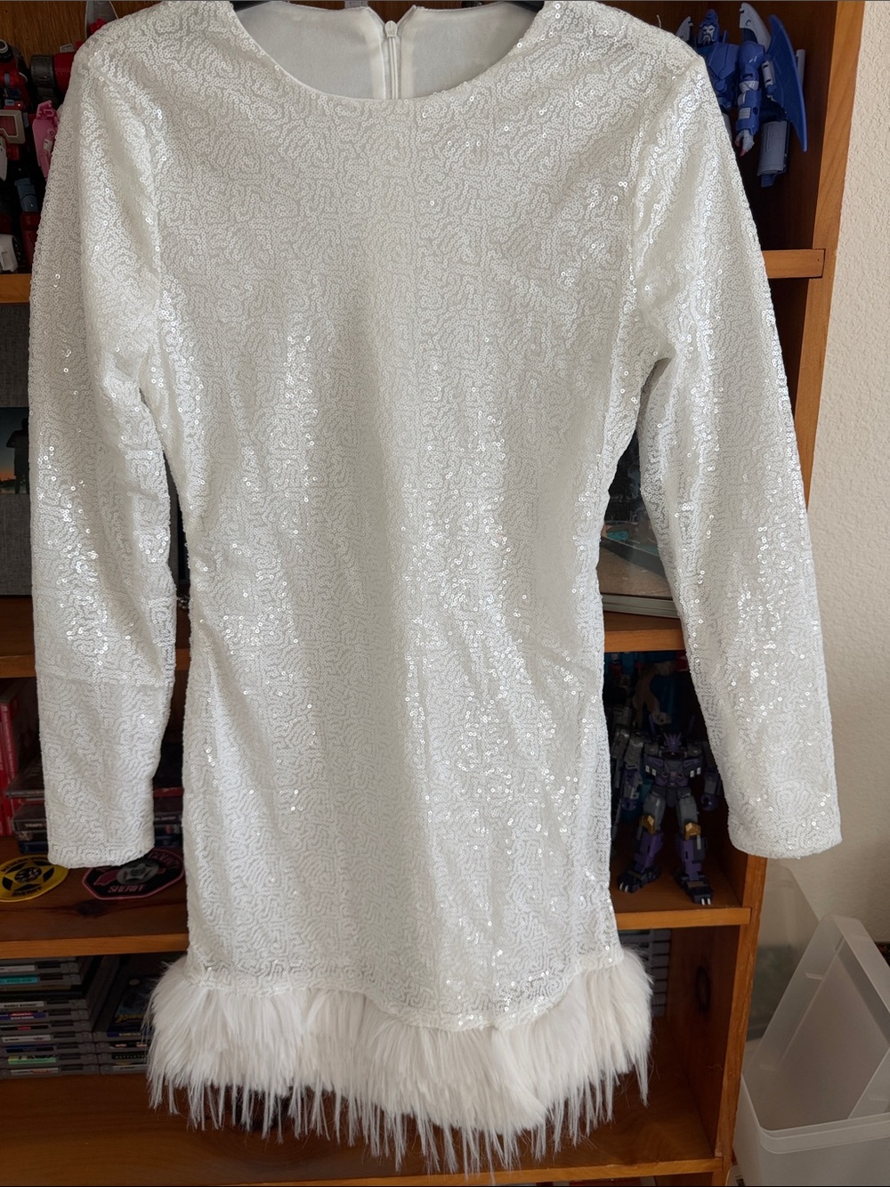 White Sequin Long Sleeve Mini Dress with Feather Hem XS